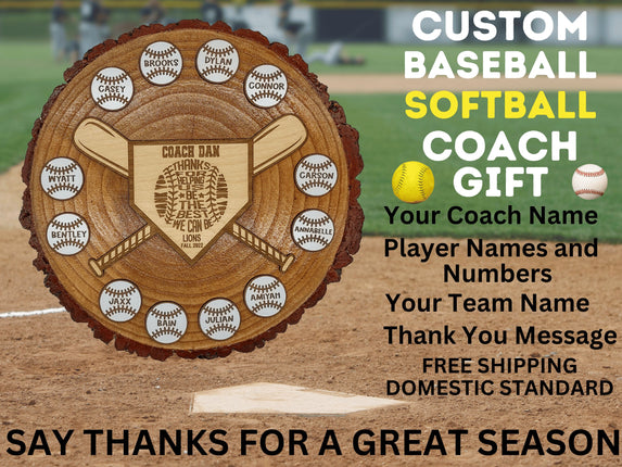 Custom baseball and softball coach gift. Real wood slab features personalized engraved balls and home plate area. Makes the perfect end of season award.