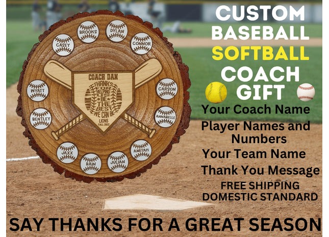 Custom baseball and softball coach gift. Real wood slab features personalized engraved balls and home plate area. Makes the perfect end of season award.