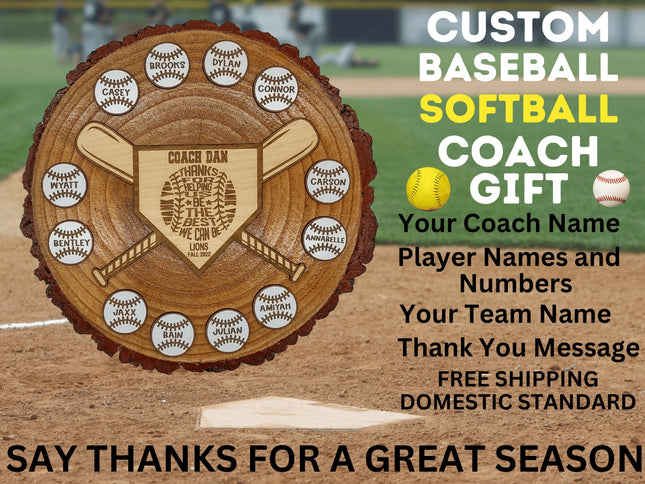Custom baseball and softball coach gift. Real wood slab features personalized engraved balls and home plate area. Makes the perfect end of season award.
