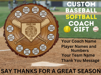 Custom baseball and softball coach gift. Real wood slab features personalized engraved balls and home plate area. Makes the perfect end of season award.