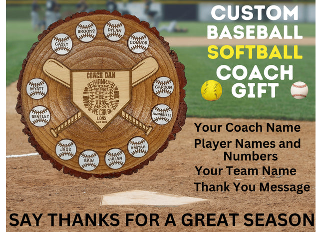 Custom baseball and softball coach gift. Real wood slab features personalized engraved balls and home plate area. Makes the perfect end of season award.