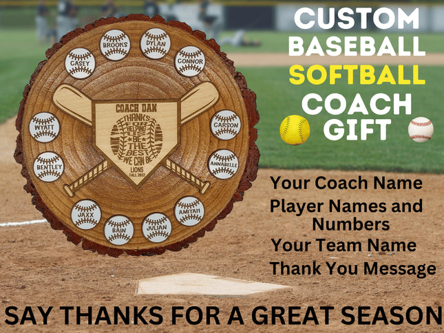 Custom baseball and softball coach gift. Real wood slab features personalized engraved balls and home plate area. Makes the perfect end of season award.
