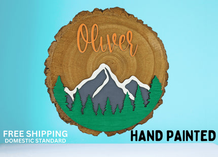 Personalized Kids Wooden Name Sign: Dinosaur or Mountain Decor