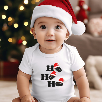 Christmas Infant Bodysuit | Holiday Baby Clothes | Newborn Baby Gift | Ho Ho Ho Hockey Pucks | My First Christmas | Reindeer Baby Outfit