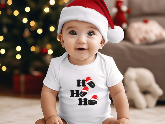 Christmas Infant Bodysuit | Holiday Baby Clothes | Newborn Baby Gift | Ho Ho Ho Hockey Pucks | My First Christmas | Reindeer Baby Outfit