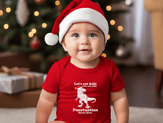 Christmas Dinosaur Baby Bodysuit: Holiday Outfit, Punctuation Saves Lives