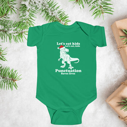 Christmas Dinosaur Baby Bodysuit: Holiday Outfit, Punctuation Saves Lives