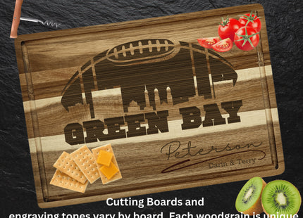 Custom Green Bay football cutting board featuring the city skyline and a football design. Personalized as requested to make a great gift.