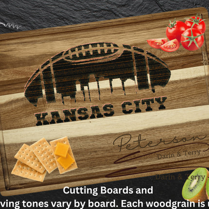 Custom Kansas City football cutting board featuring the city skyline and a football design. Personalized as requested to make a great gift.