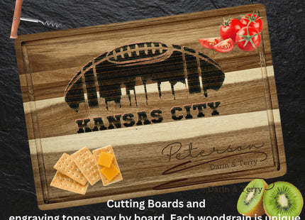 Custom Kansas City football cutting board featuring the city skyline and a football design. Personalized as requested to make a great gift.