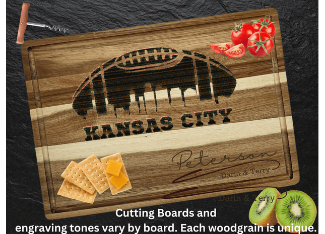 Custom Kansas City football cutting board featuring the city skyline and a football design. Personalized as requested to make a great gift.