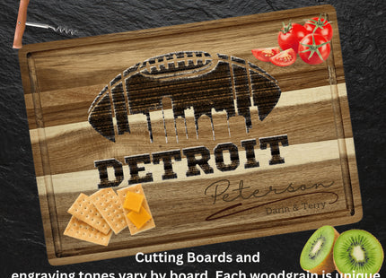 Custom Detroit football cutting board featuring the city skyline and a football design. Personalized as requested to make a great gift.