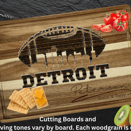 Custom Detroit football cutting board featuring the city skyline and a football design. Personalized as requested to make a great gift.