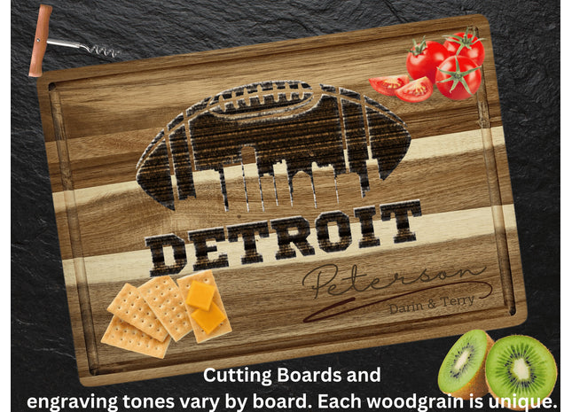 Custom Detroit football cutting board featuring the city skyline and a football design. Personalized as requested to make a great gift.