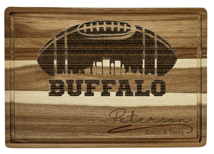Custom Buffalo football cutting board featuring the city skyline and a football design. Personalized as requested to make a great gift.