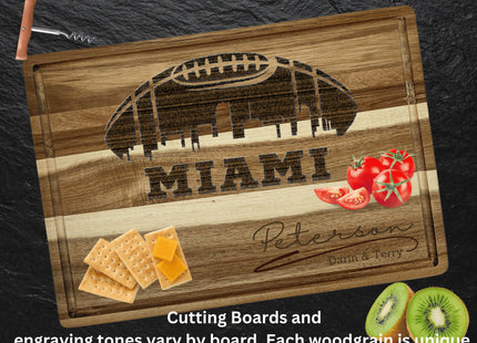 Custom Miami football cutting board featuring the city skyline and a football design. Personalized as requested to make a great gift.