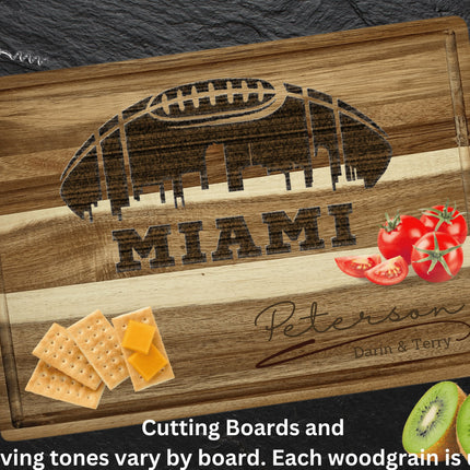 Custom Miami football cutting board featuring the city skyline and a football design. Personalized as requested to make a great gift.