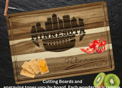 Custom Miami football cutting board featuring the city skyline and a football design. Personalized as requested to make a great gift.