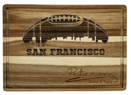 Custom San Francisco football cutting board featuring the city skyline and a football design. Personalized as requested to make a great gift.