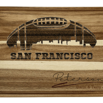 Custom San Francisco football cutting board featuring the city skyline and a football design. Personalized as requested to make a great gift.