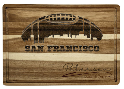 Custom San Francisco football cutting board featuring the city skyline and a football design. Personalized as requested to make a great gift.
