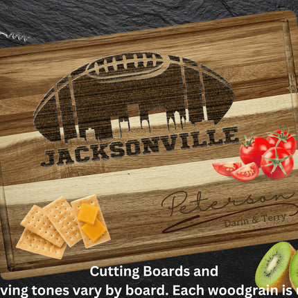 Custom Jacksonville football cutting board featuring the city skyline and a football design. Personalized as requested to make a great gift.