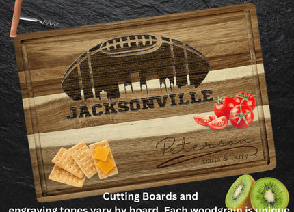 Custom Jacksonville football cutting board featuring the city skyline and a football design. Personalized as requested to make a great gift.