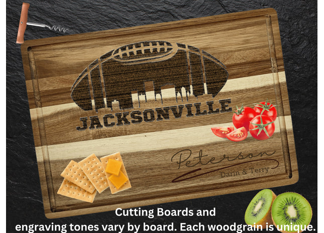Custom Jacksonville football cutting board featuring the city skyline and a football design. Personalized as requested to make a great gift.