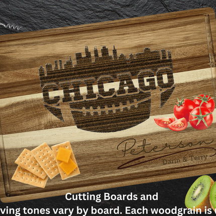 Custom Chicago football cutting board featuring the city skyline and a football design. Personalized as requested to make a great gift.