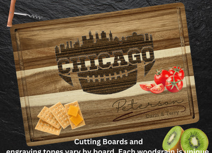 Custom Chicago football cutting board featuring the city skyline and a football design. Personalized as requested to make a great gift.