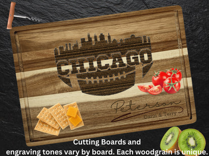Custom Chicago football cutting board featuring the city skyline and a football design. Personalized as requested to make a great gift.