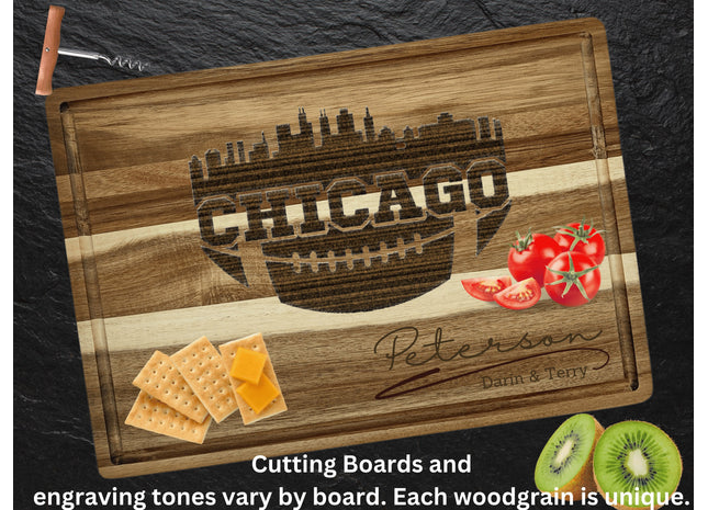 Custom Chicago football cutting board featuring the city skyline and a football design. Personalized as requested to make a great gift.