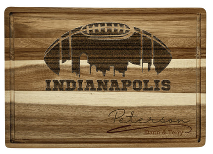 Custom Indianapolis football cutting board featuring the city skyline and a football design. Personalized as requested to make a great gift.