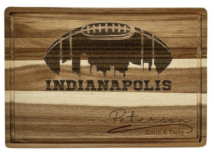 Custom Indianapolis football cutting board featuring the city skyline and a football design. Personalized as requested to make a great gift.