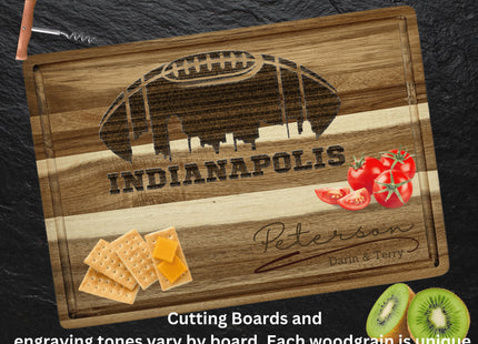 Custom Indianapolis football cutting board featuring the city skyline and a football design. Personalized as requested to make a great gift.
