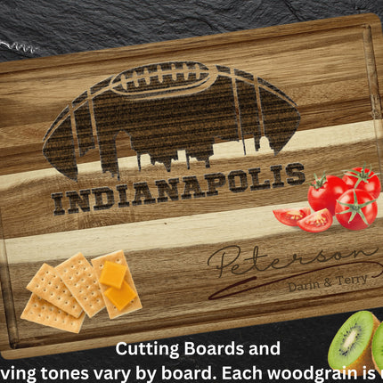 Custom Indianapolis football cutting board featuring the city skyline and a football design. Personalized as requested to make a great gift.