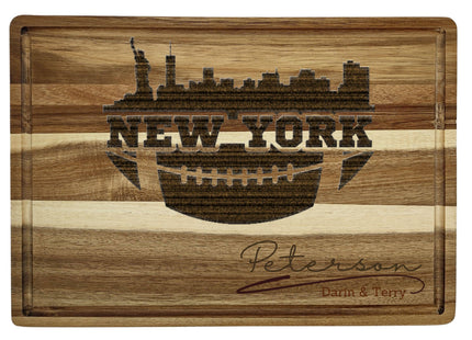 Custom New York football cutting board featuring the city skyline and a football design. Personalized as requested to make a great gift.