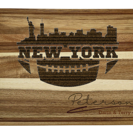 Custom New York football cutting board featuring the city skyline and a football design. Personalized as requested to make a great gift.