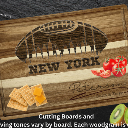 Custom New York football cutting board featuring the city skyline and a football design. Personalized as requested to make a great gift.