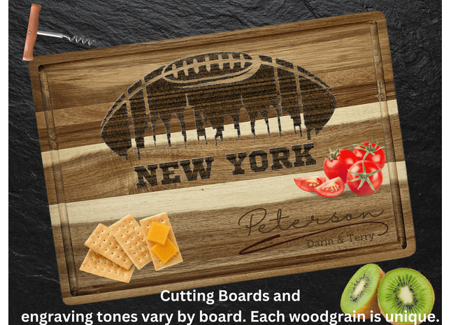 Custom New York football cutting board featuring the city skyline and a football design. Personalized as requested to make a great gift.