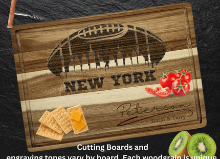 Custom New York football cutting board featuring the city skyline and a football design. Personalized as requested to make a great gift.