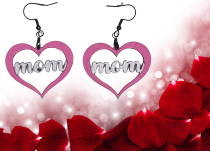 Hand Painted Mom Heart Earrings: Baltic Birch, Hypoallergenic