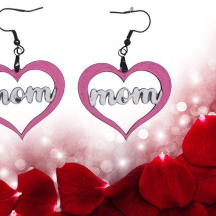 Hand Painted Mom Heart Earrings: Baltic Birch, Hypoallergenic