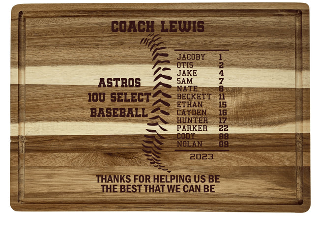 Personalized Acacia Wood Cutting Board: Baseball/Softball Coach Gift