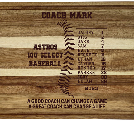 Personalized Acacia Wood Cutting Board: Baseball/Softball Coach Gift