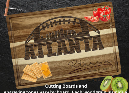Custom Atlanta football cutting board featuring the city skyline and a football design. Personalized as requested to make a great gift.