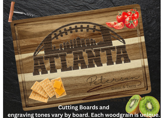 Custom Atlanta football cutting board featuring the city skyline and a football design. Personalized as requested to make a great gift.