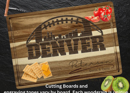Custom Denver football cutting board featuring the city skyline and a football design. Personalized as requested to make a great gift.