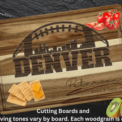 Custom Denver football cutting board featuring the city skyline and a football design. Personalized as requested to make a great gift.