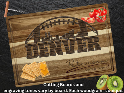 Custom Denver football cutting board featuring the city skyline and a football design. Personalized as requested to make a great gift.